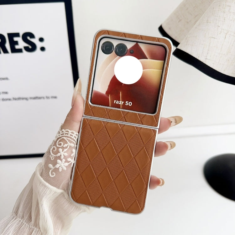 For Motorola Razr 50 Pearlescent Paint Diamond Shaped Checkered Leather Phone Case