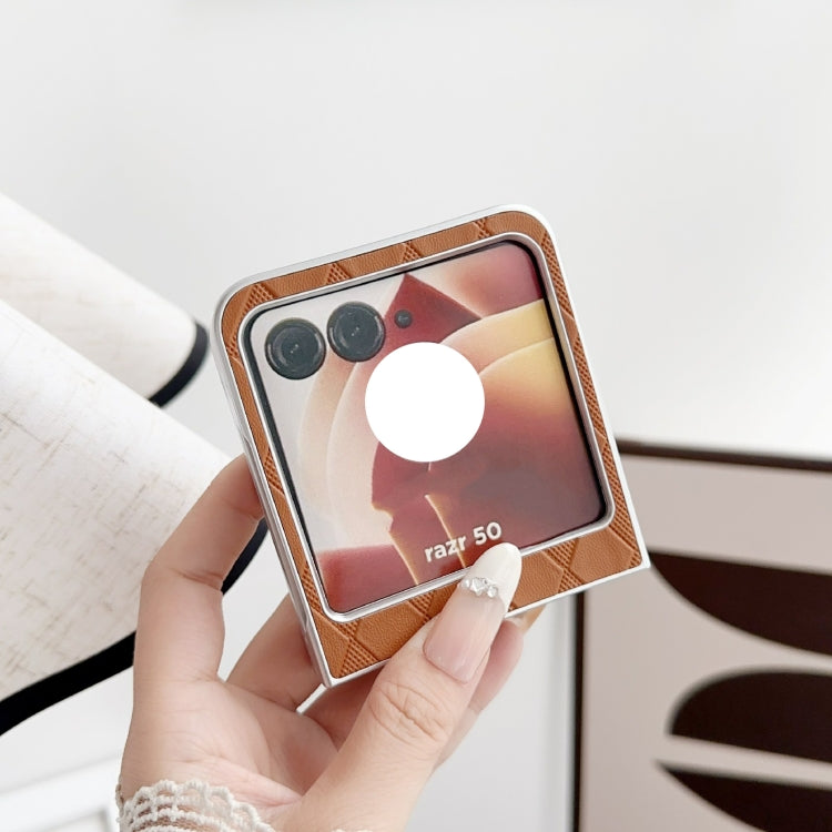 For Motorola Razr 50 Pearlescent Paint Diamond Shaped Checkered Leather Phone Case