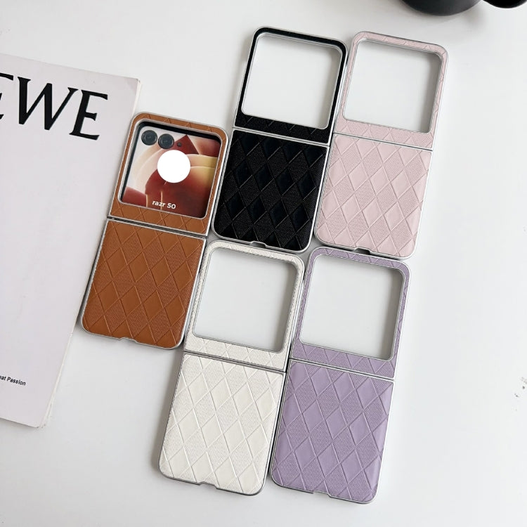 For Motorola Razr 50 Pearlescent Paint Diamond Shaped Checkered Leather Phone Case