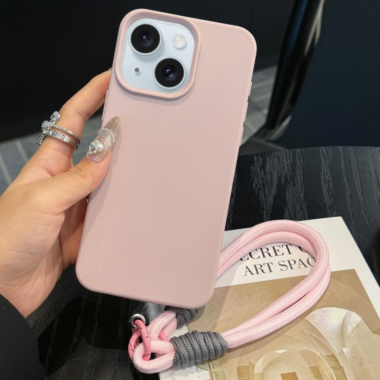 For iPhone 15 Plus Leather Texture TPU Full Coverage Phone Case with Lanyard