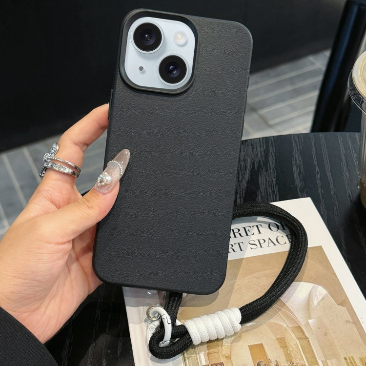 For iPhone 15 Plus Leather Texture TPU Full Coverage Phone Case with Lanyard