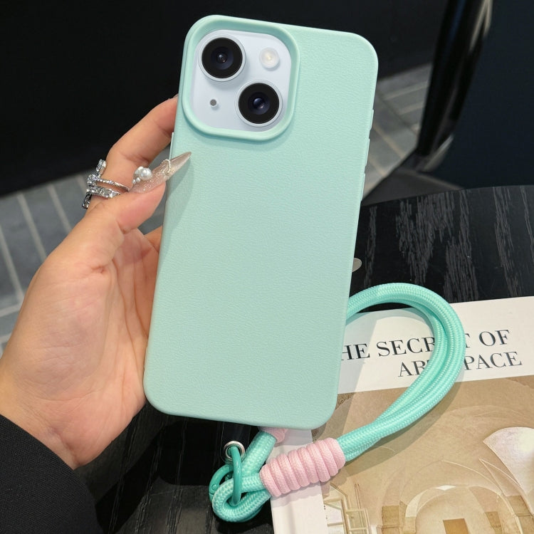 For iPhone 15 Plus Leather Texture TPU Full Coverage Phone Case with Lanyard