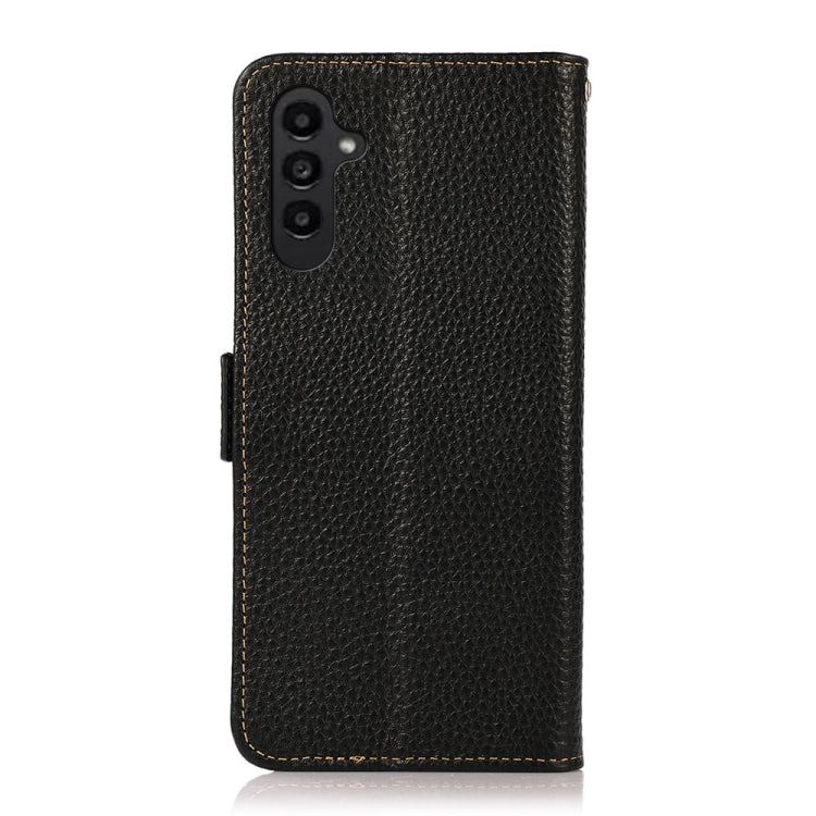 For Samsung Galaxy M35 KHAZNEH Side-Magnetic Litchi Genuine Leather RFID Phone Case
