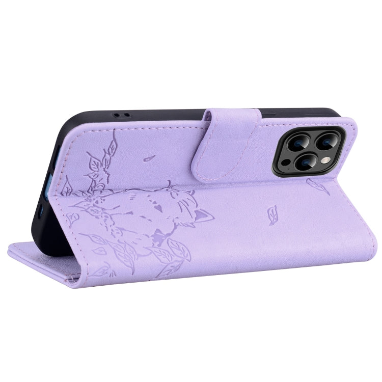 For iPhone 16 Pro Max Cute Cat Embossed Leather Phone Case
