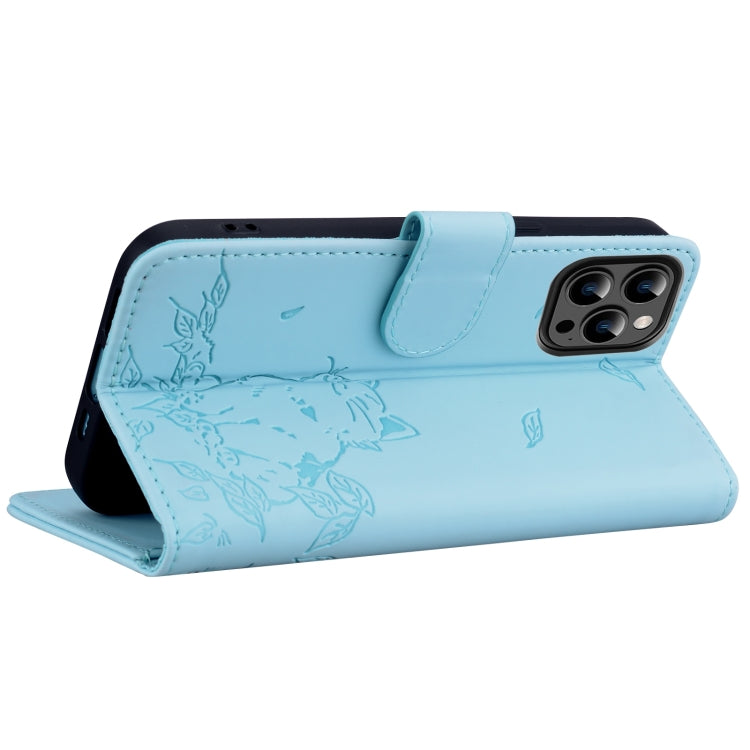 For iPhone 16 Pro Cute Cat Embossed Leather Phone Case