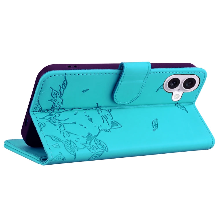 For iPhone 16 Plus Cute Cat Embossed Leather Phone Case