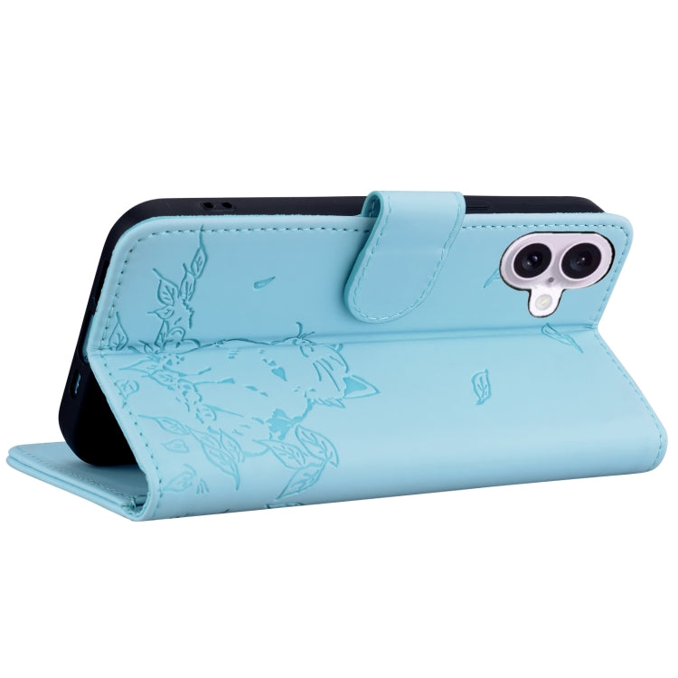 For iPhone 16 Cute Cat Embossed Leather Phone Case