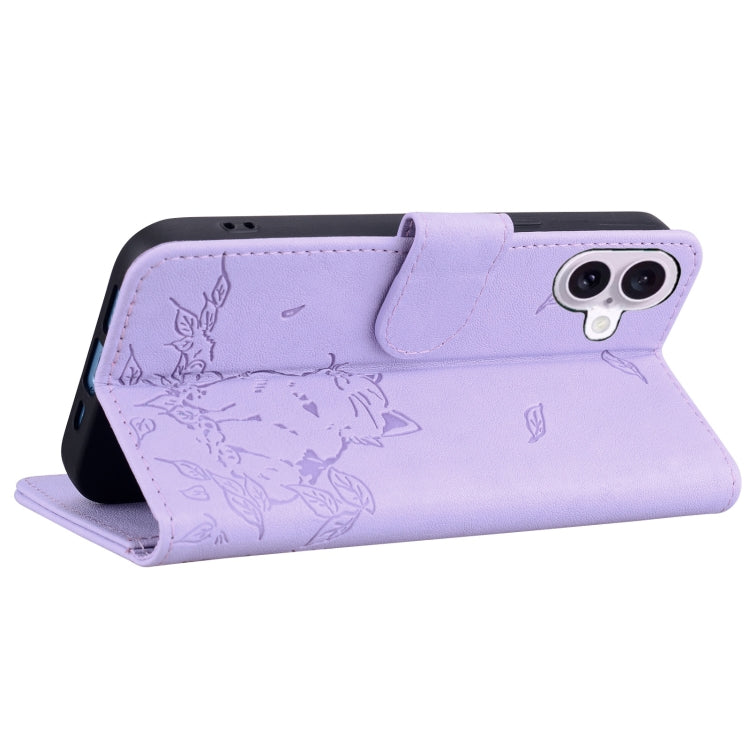 For iPhone 16 Cute Cat Embossed Leather Phone Case