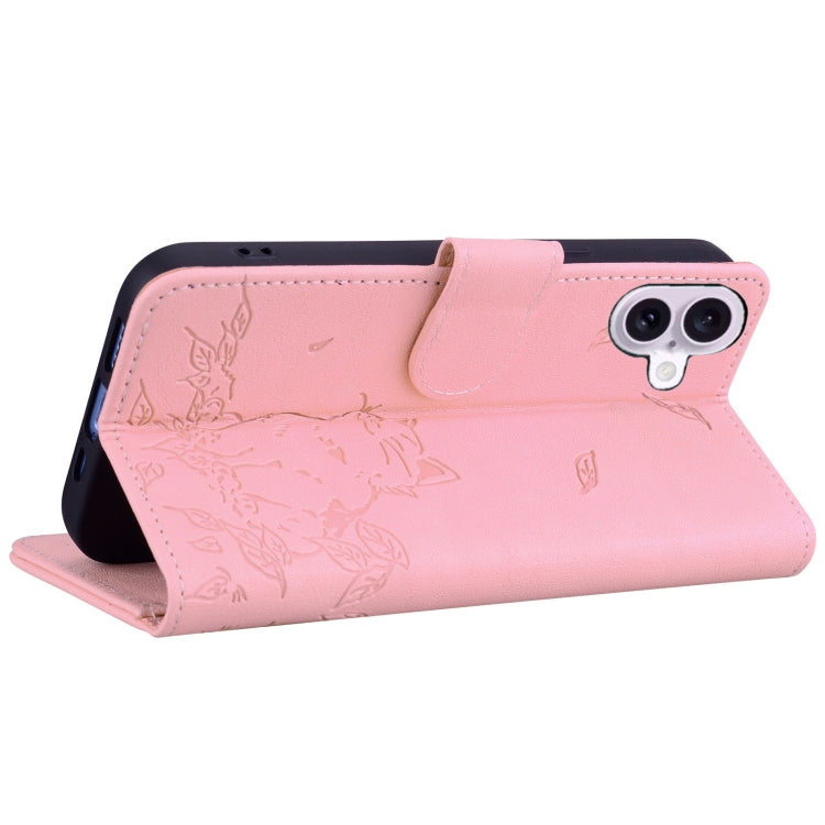 For iPhone 16 Cute Cat Embossed Leather Phone Case