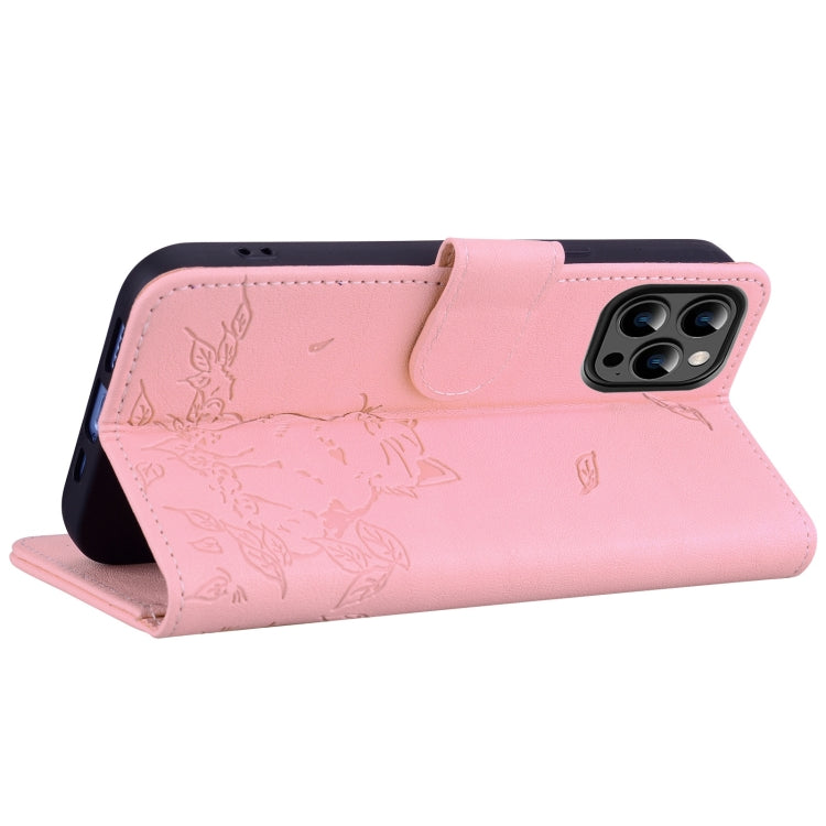 For iPhone 15 Pro Cute Cat Embossed Leather Phone Case