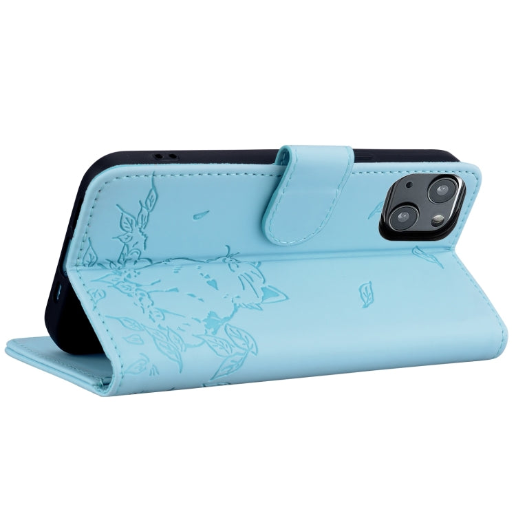 For iPhone 15 Plus Cute Cat Embossed Leather Phone Case