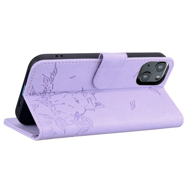 For iPhone 15 Plus Cute Cat Embossed Leather Phone Case