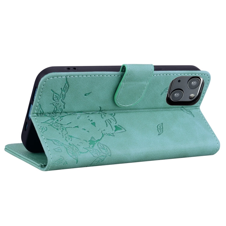 For iPhone 15 Cute Cat Embossed Leather Phone Case