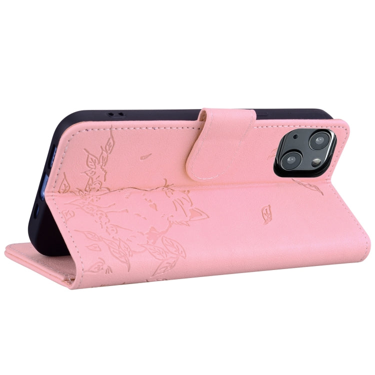 For iPhone 14 Plus Cute Cat Embossed Leather Phone Case