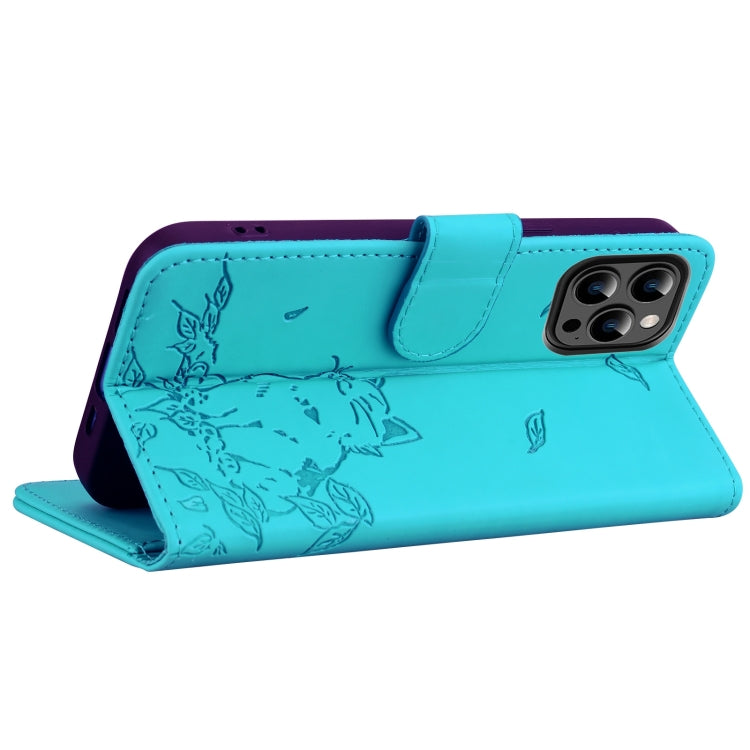 For iPhone 13 Pro Max Cute Cat Embossed Leather Phone Case