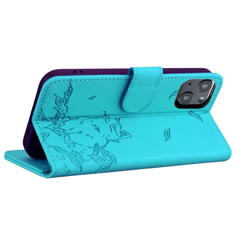 For iPhone 13 mini Cute Cat Embossed Leather Phone Case