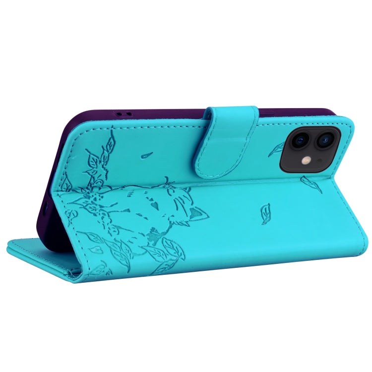 For iPhone 11 Cute Cat Embossed Leather Phone Case
