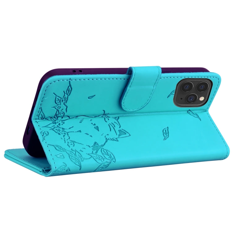 For iPhone 11 Pro Cute Cat Embossed Leather Phone Case
