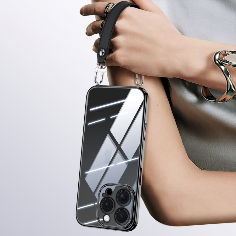 For iPhone 16 Pro SULADA  Electroplated Clear TPU Soft Frame Phone Case with Wrist Strap