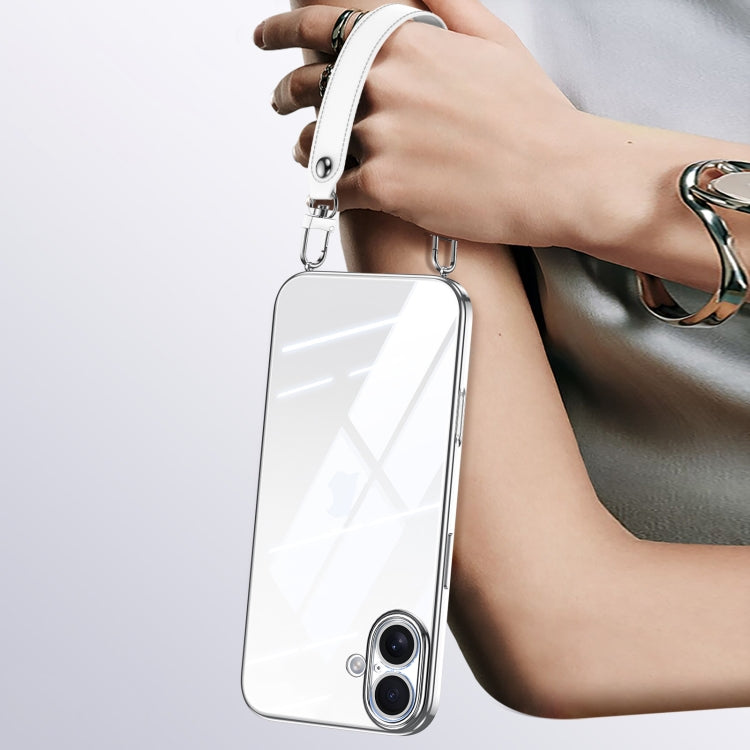 For iPhone 16 Plus SULADA  Electroplated Clear TPU Soft Frame Phone Case with Wrist Strap