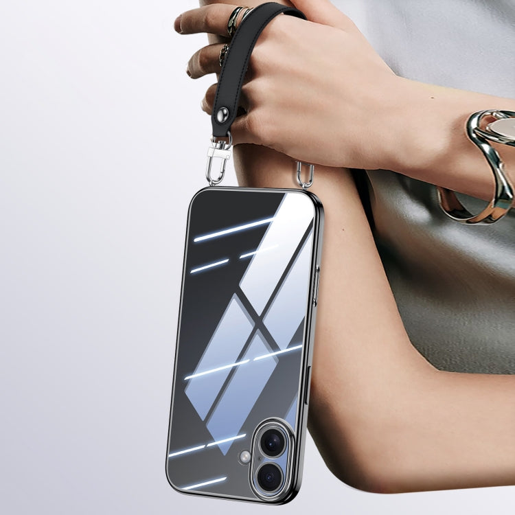 For iPhone 16 SULADA  Electroplated Clear TPU Soft Frame Phone Case with Wrist Strap