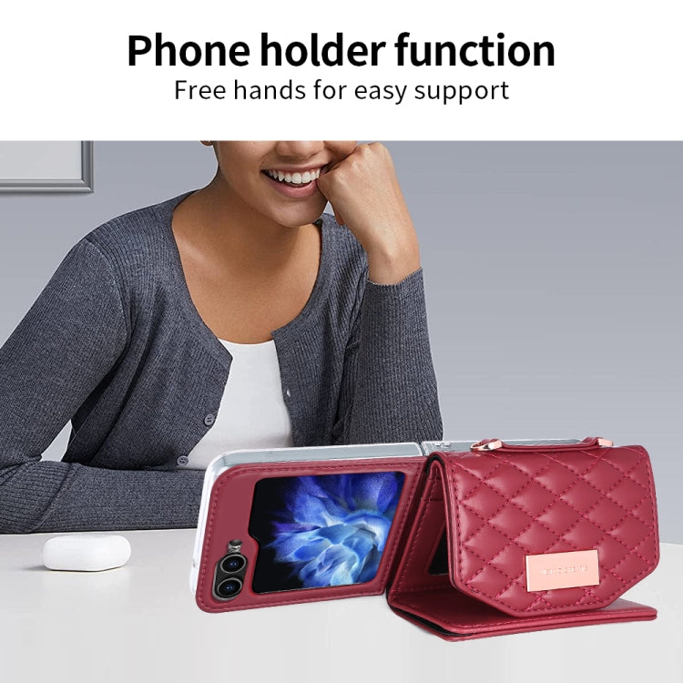 For Samsung Galaxy Z Flip6 / Flip7 FE VIETAO Rhombic Texture Wallet PU Phone Case with Long Lanyard