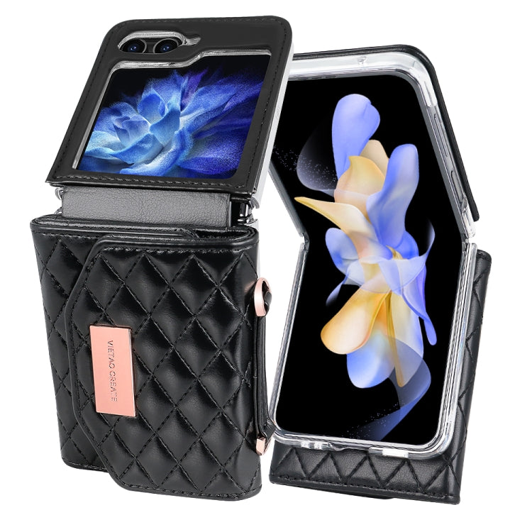 For Samsung Galaxy Z Flip5 VIETAO Rhombic Texture Wallet PU Phone Case with Long Lanyard