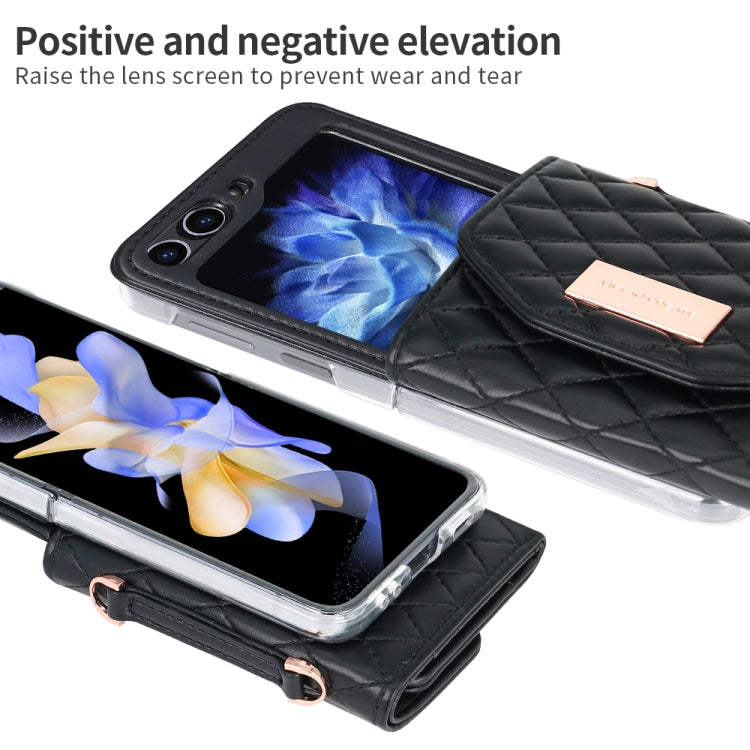 For Samsung Galaxy Z Flip5 VIETAO Rhombic Texture Wallet PU Phone Case with Long Lanyard