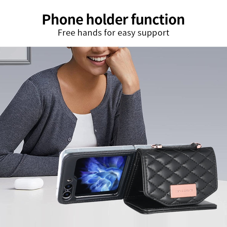 For Samsung Galaxy Z Flip5 VIETAO Rhombic Texture Wallet PU Phone Case with Long Lanyard