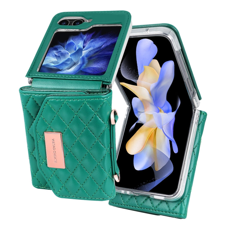 For Samsung Galaxy Z Flip5 VIETAO Rhombic Texture Wallet PU Phone Case with Long Lanyard