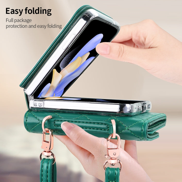 For Samsung Galaxy Z Flip5 VIETAO Rhombic Texture Wallet PU Phone Case with Long Lanyard