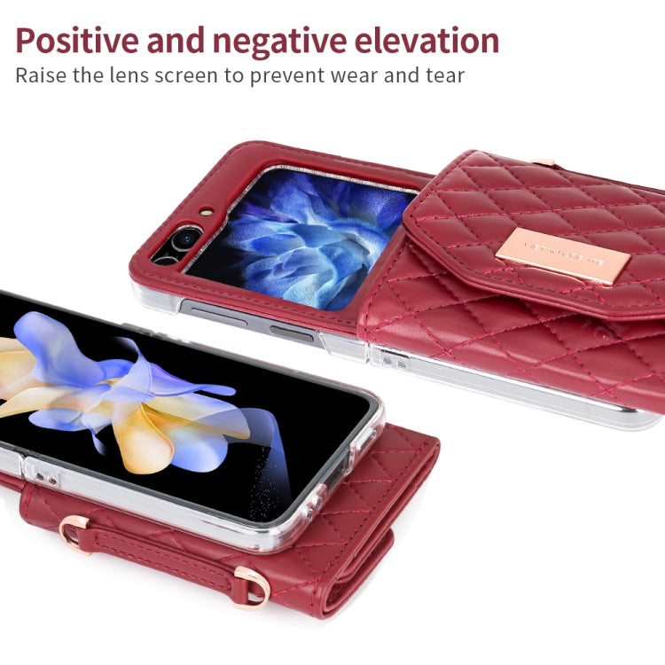 For Samsung Galaxy Z Flip5 VIETAO Rhombic Texture Wallet PU Phone Case with Long Lanyard