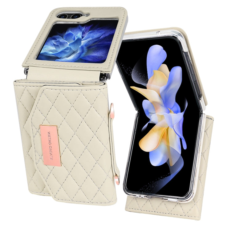 For Samsung Galaxy Z Flip5 VIETAO Rhombic Texture Wallet PU Phone Case with Long Lanyard