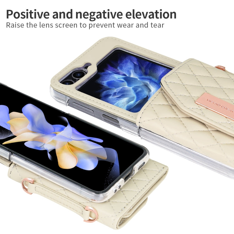 For Samsung Galaxy Z Flip5 VIETAO Rhombic Texture Wallet PU Phone Case with Long Lanyard