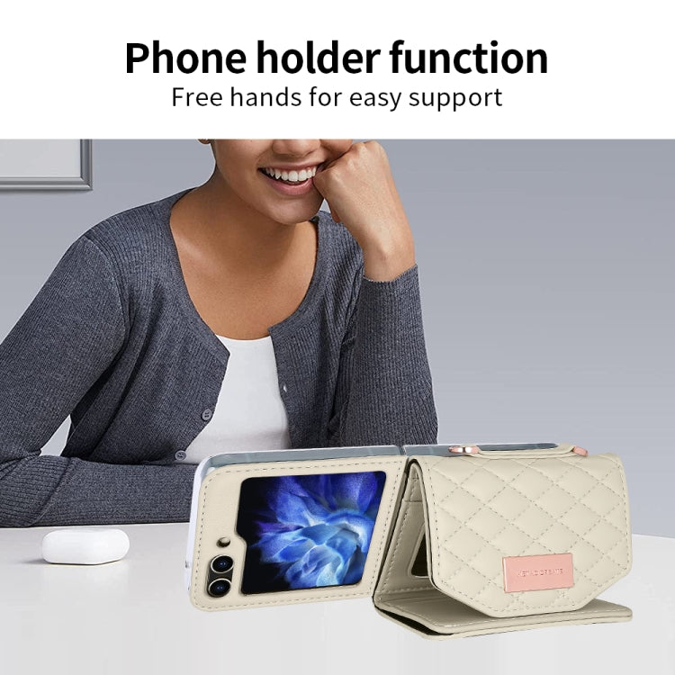For Samsung Galaxy Z Flip5 VIETAO Rhombic Texture Wallet PU Phone Case with Long Lanyard