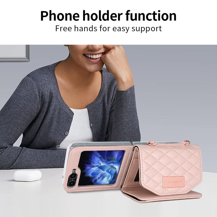 For Samsung Galaxy Z Flip5 VIETAO Rhombic Texture Wallet PU Phone Case with Long Lanyard