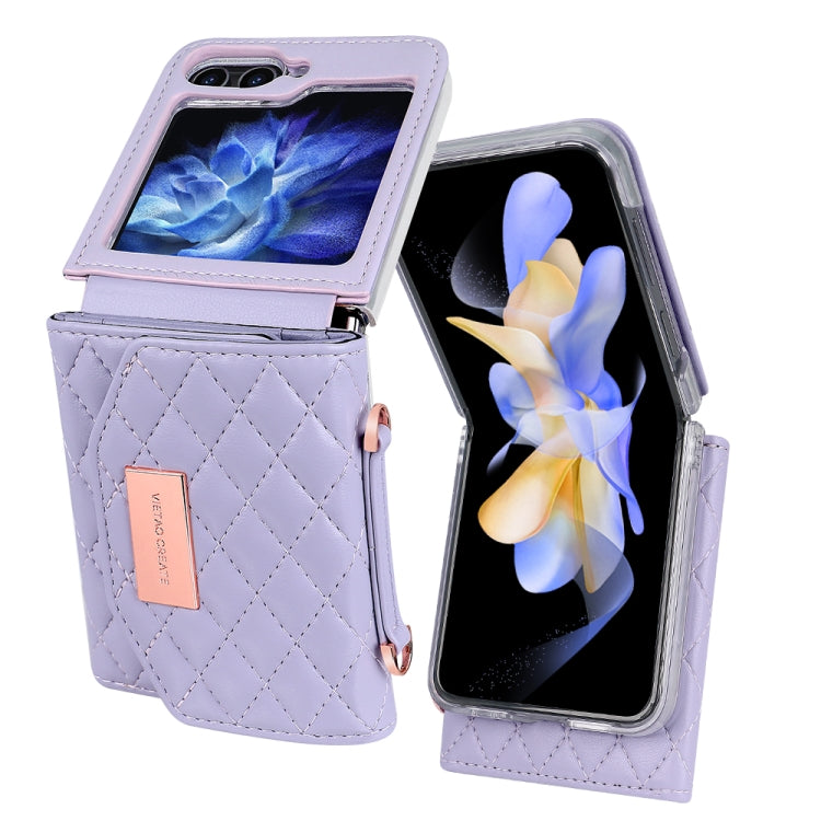 For Samsung Galaxy Z Flip5 VIETAO Rhombic Texture Wallet PU Phone Case with Long Lanyard
