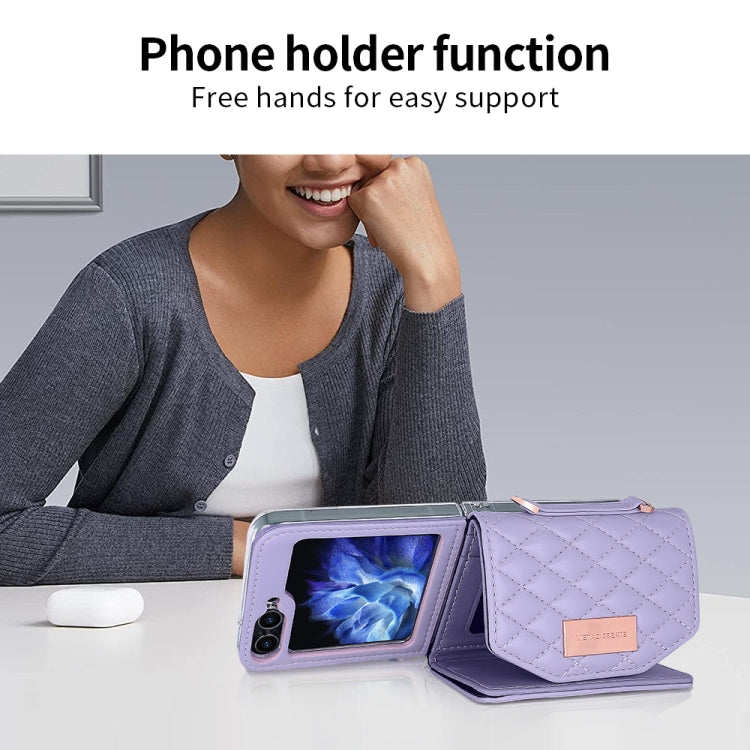For Samsung Galaxy Z Flip5 VIETAO Rhombic Texture Wallet PU Phone Case with Long Lanyard
