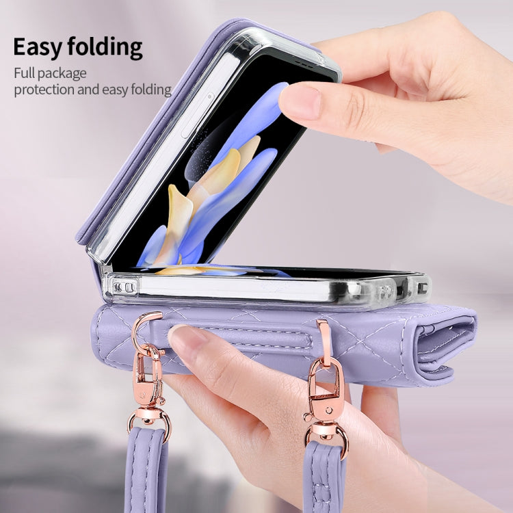 For Samsung Galaxy Z Flip5 VIETAO Rhombic Texture Wallet PU Phone Case with Long Lanyard