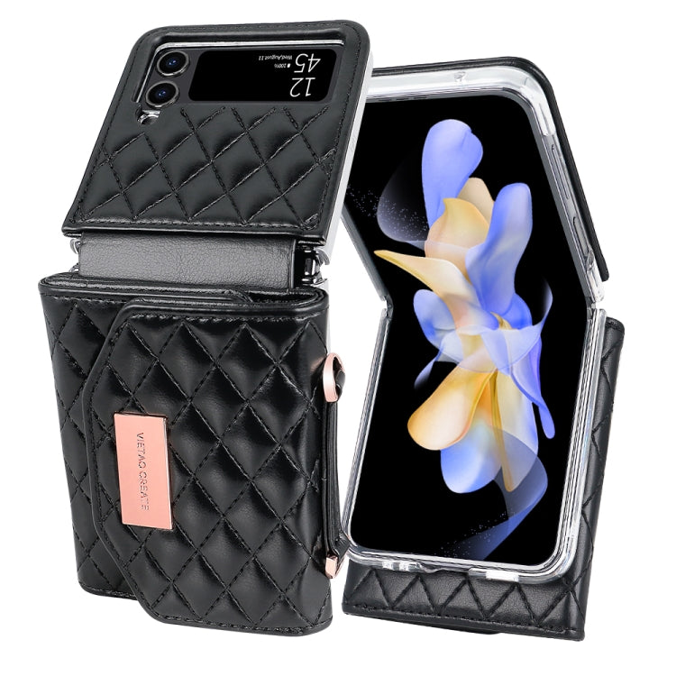 For Samsung Galaxy Z Flip4 VIETAO Rhombic Texture Wallet PU Phone Case with Long Lanyard