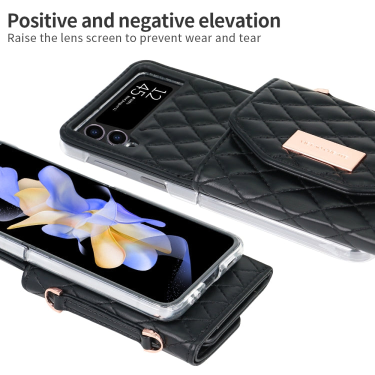 For Samsung Galaxy Z Flip4 VIETAO Rhombic Texture Wallet PU Phone Case with Long Lanyard