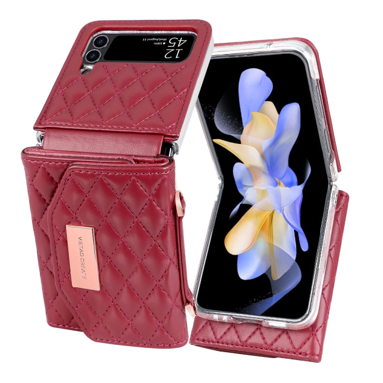 For Samsung Galaxy Z Flip4 VIETAO Rhombic Texture Wallet PU Phone Case with Long Lanyard