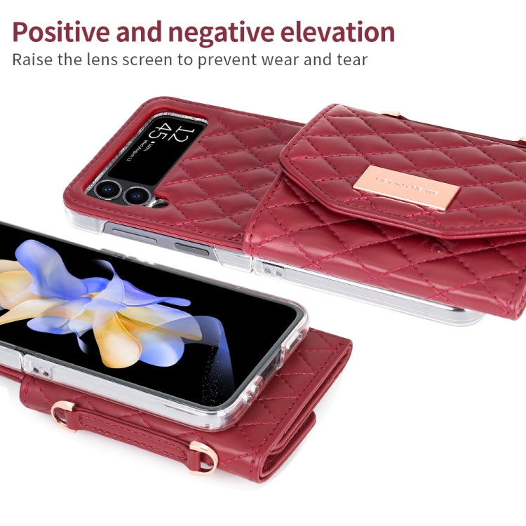For Samsung Galaxy Z Flip4 VIETAO Rhombic Texture Wallet PU Phone Case with Long Lanyard