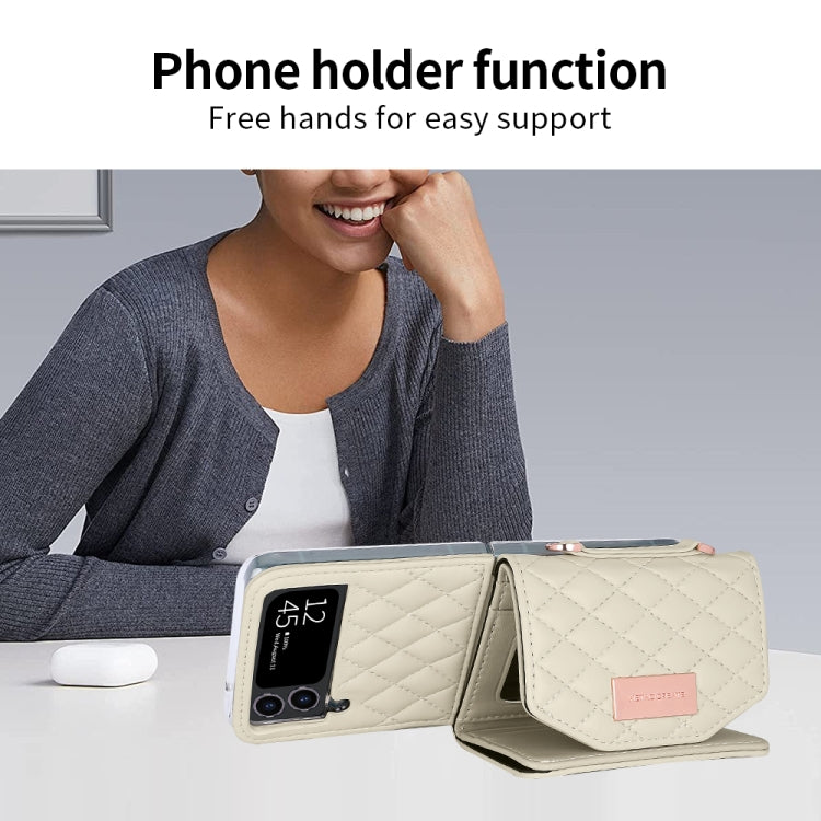 For Samsung Galaxy Z Flip4 VIETAO Rhombic Texture Wallet PU Phone Case with Long Lanyard