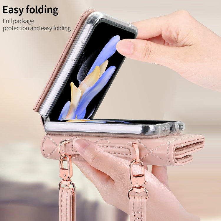 For Samsung Galaxy Z Flip4 VIETAO Rhombic Texture Wallet PU Phone Case with Long Lanyard