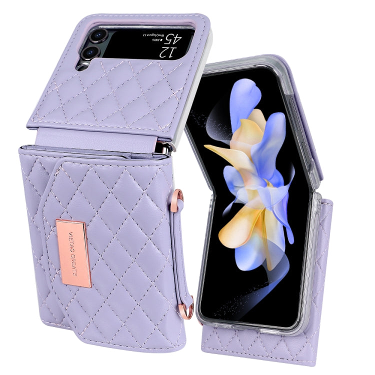 For Samsung Galaxy Z Flip4 VIETAO Rhombic Texture Wallet PU Phone Case with Long Lanyard