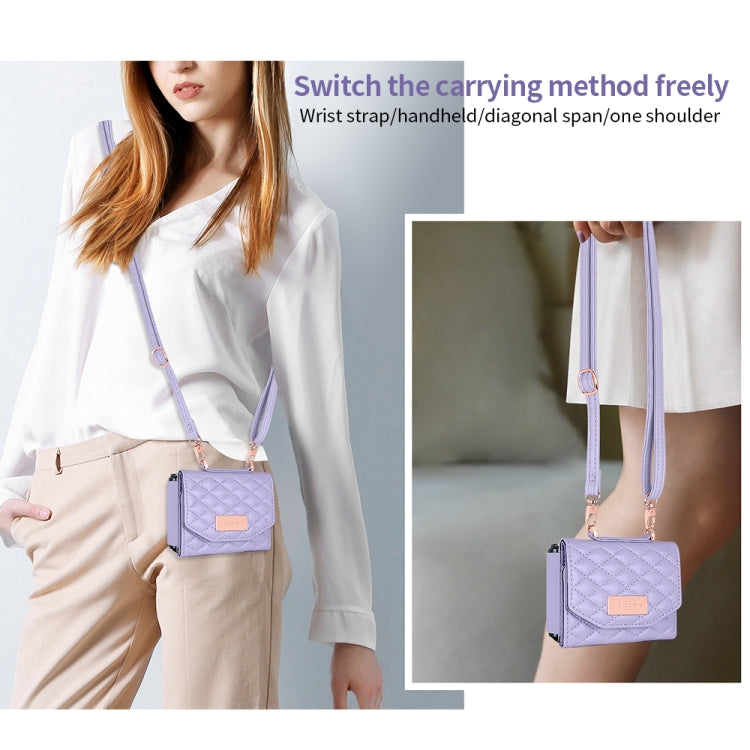 For Samsung Galaxy Z Flip4 VIETAO Rhombic Texture Wallet PU Phone Case with Long Lanyard
