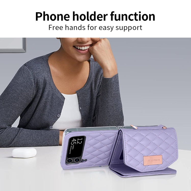 For Samsung Galaxy Z Flip4 VIETAO Rhombic Texture Wallet PU Phone Case with Long Lanyard