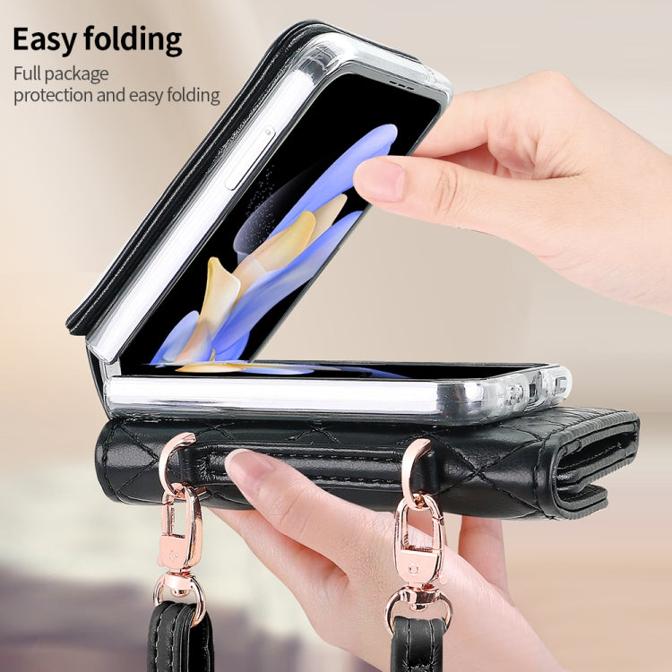 For Samsung Galaxy Z Flip3 5G VIETAO Rhombic Texture Wallet PU Phone Case with Long Lanyard