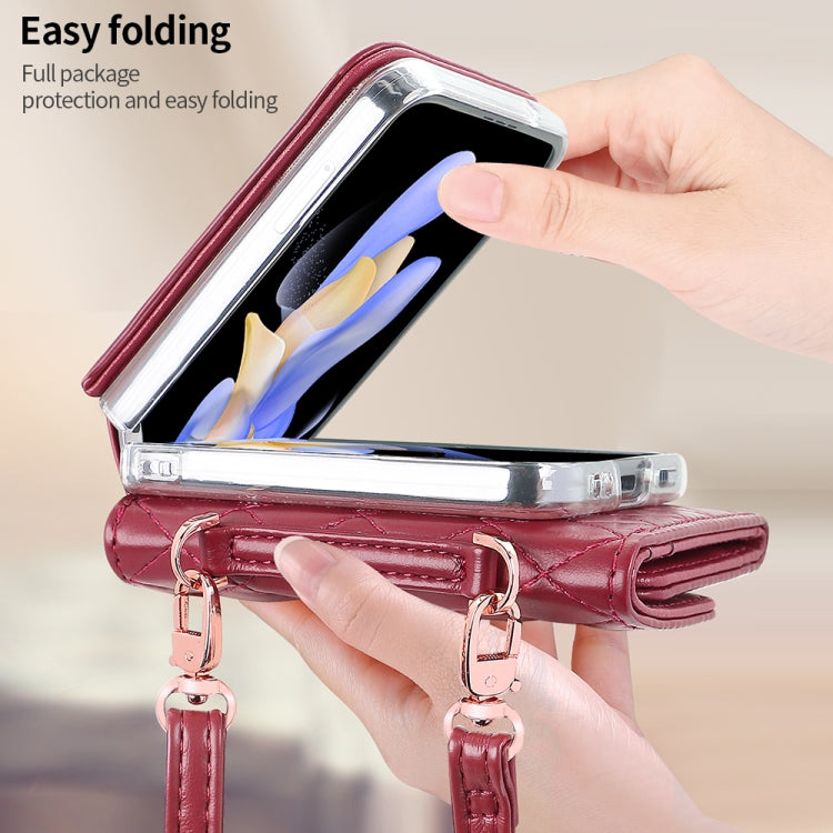 For Samsung Galaxy Z Flip3 5G VIETAO Rhombic Texture Wallet PU Phone Case with Long Lanyard
